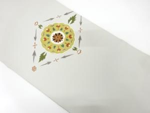 塩瀬　手描き　菱華紋　刺繍　開き名古屋帯